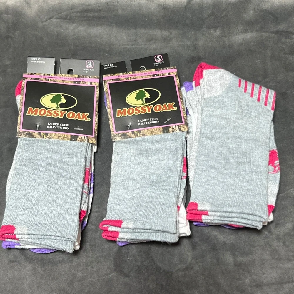 Mossy Oak Ladies Crew Half Cushion Socks 6 Pairs Grey White Pink Purple 4-10